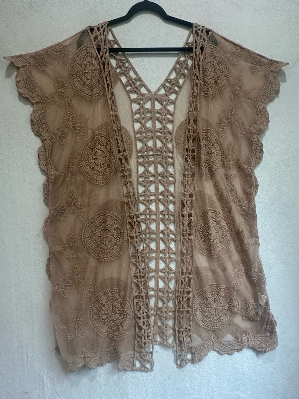 Rebellion Again Boho Lace-Trim Open Front Women's Kimono Tan Sz L